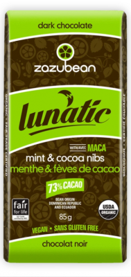 ZAZUBEAN LUNATIC CHOCOLATE BAR WITH MACA MINT & COCOA NIBS